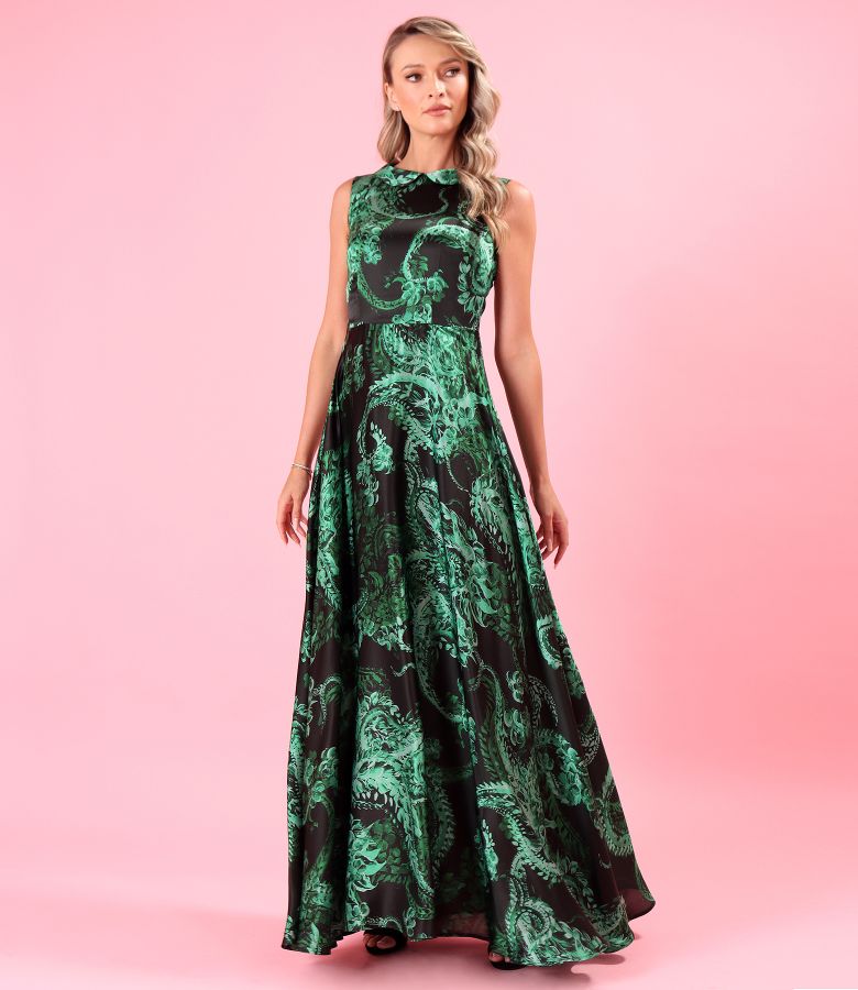 Long natural silk dress printed with paisley motifs