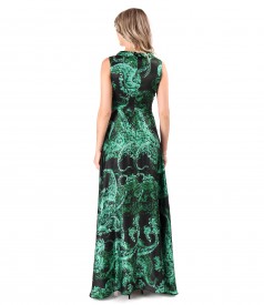Long natural silk dress printed with paisley motifs