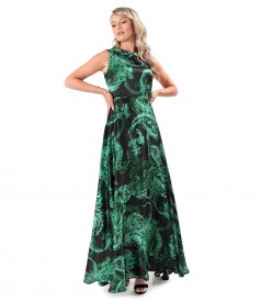 Long natural silk dress printed with paisley motifs