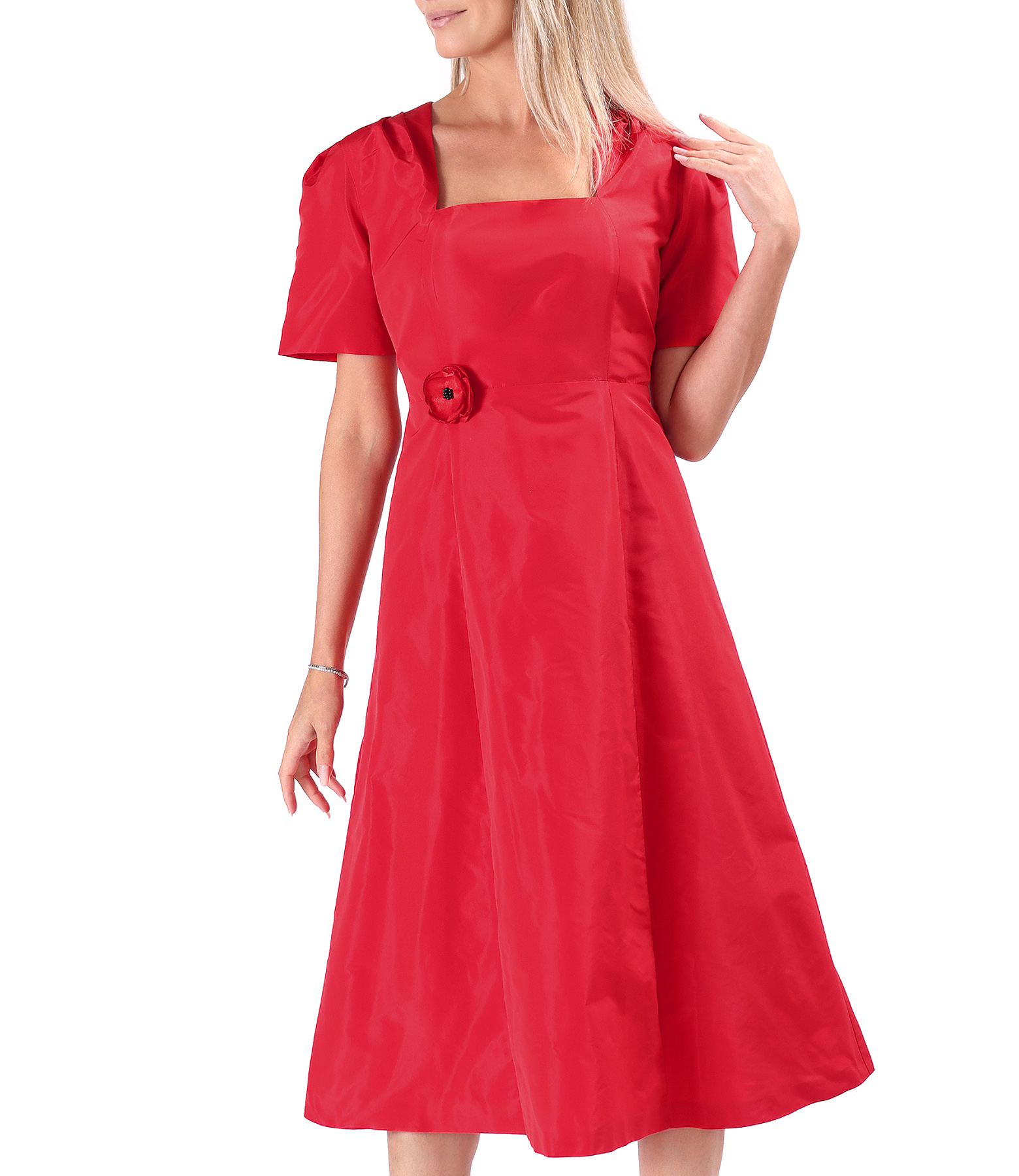 Flared taffeta dress with flower at the waist
