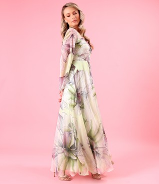 Long printed soft voile dress with oversized floral motifs