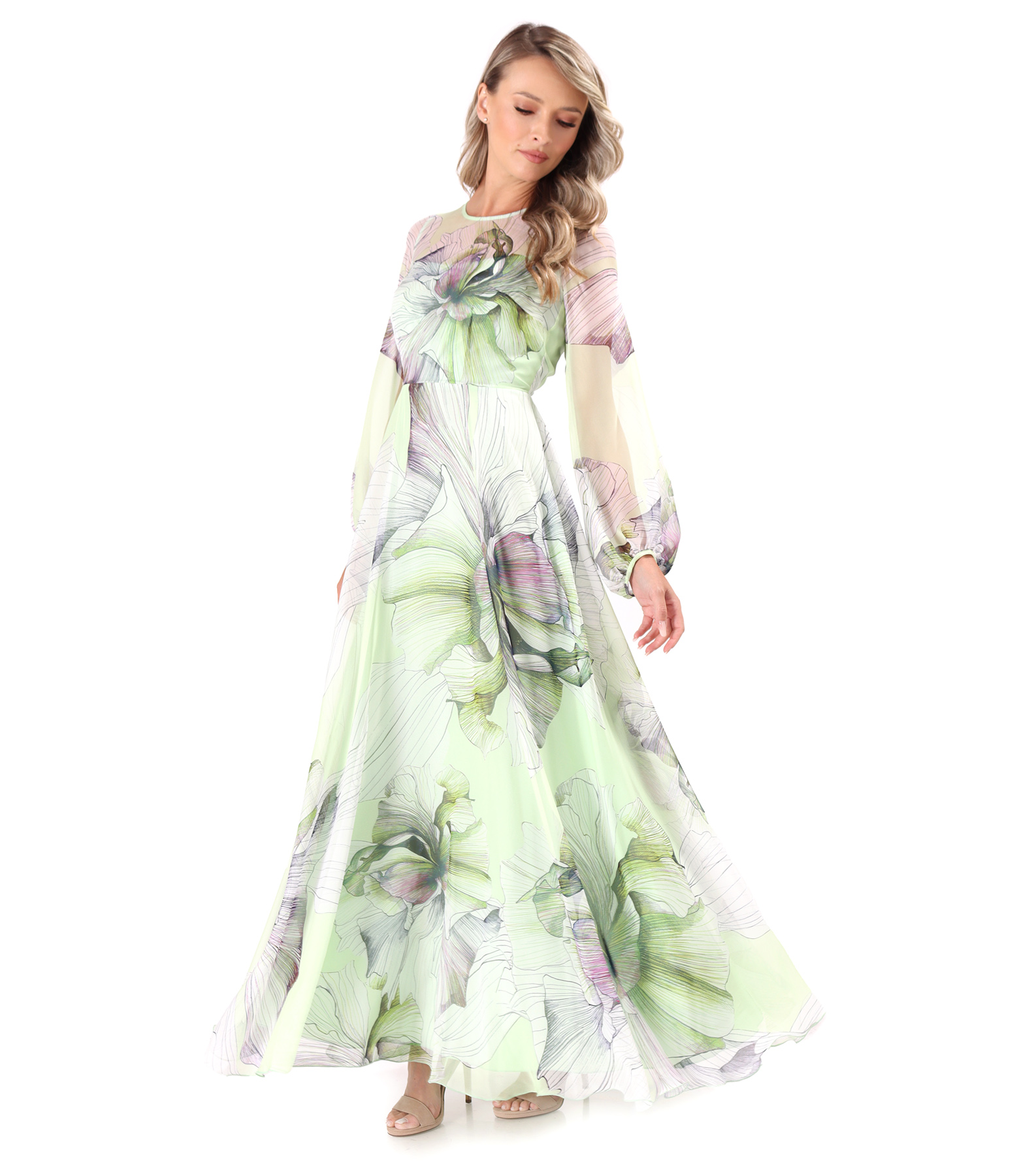 Long printed soft voile dress with oversized floral motifs