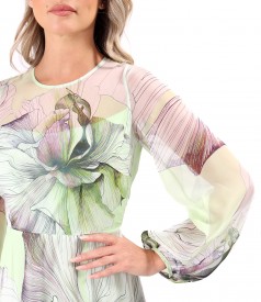 Long printed soft voile dress with oversized floral motifs