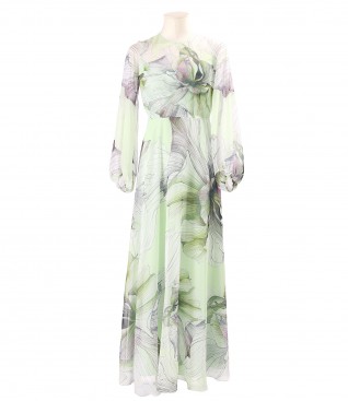 Long printed soft voile dress with oversized floral motifs