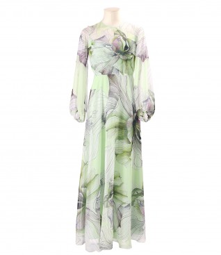 Long printed soft voile dress with oversized floral motifs