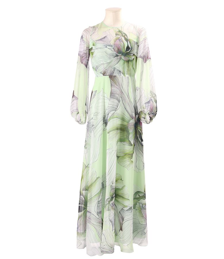Long printed soft voile dress with oversized floral motifs