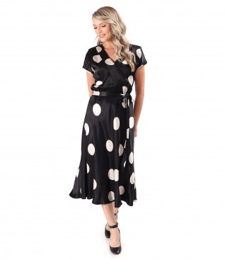 Midi dress in printed viscose satin with polka dots