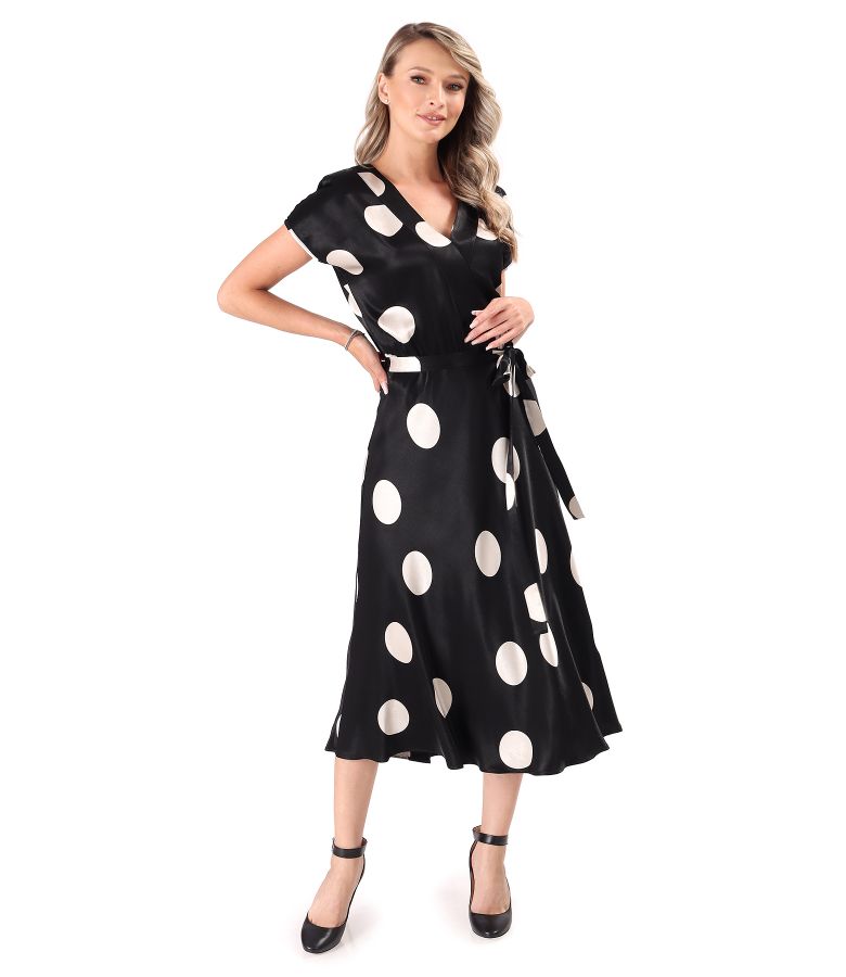 Midi dress in printed viscose satin with polka dots