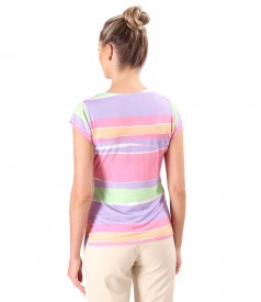 Blouse made of elastic jersey digitally printed with stripes