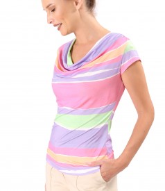 Blouse made of elastic jersey digitally printed with stripes