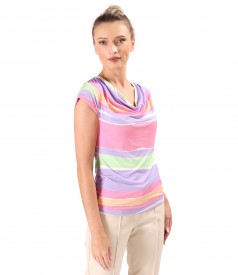 Blouse made of elastic jersey digitally printed with stripes