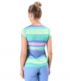 Blouse made of elastic jersey digitally printed with stripes