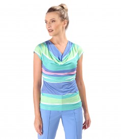 Blouse made of elastic jersey digitally printed with stripes