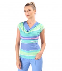 Blouse made of elastic jersey digitally printed with stripes