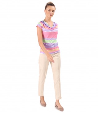 Blouse made of jersey printed with stripes and ankle pants