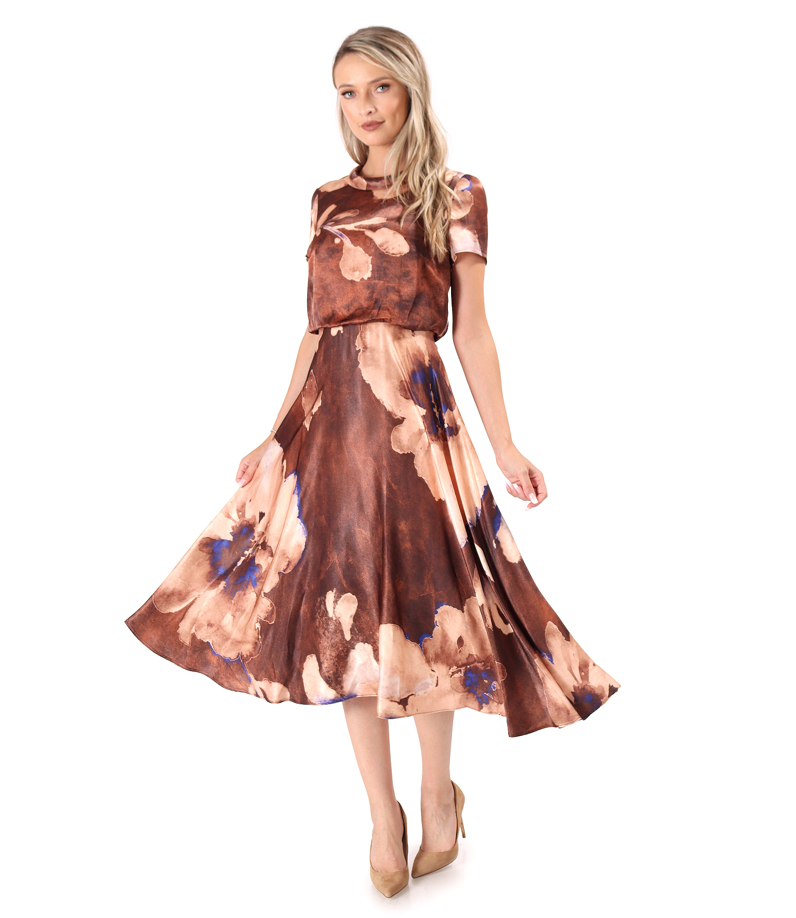 Midi dress in satin viscose with oversized floral print