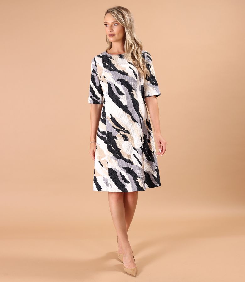 Flared dress made of printed elastic brocade