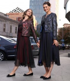 Midi evening dress with metallic brocade bodice