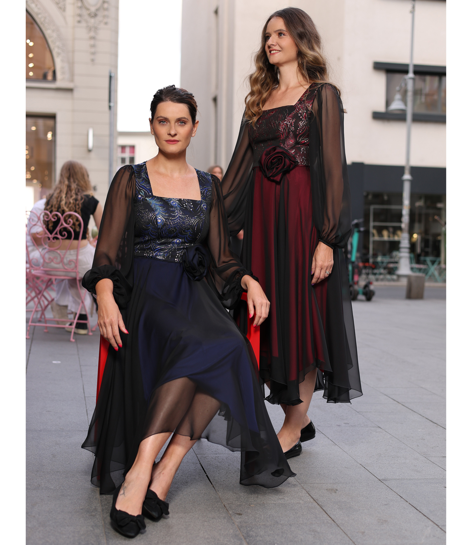 Midi evening dress with metallic brocade bodice