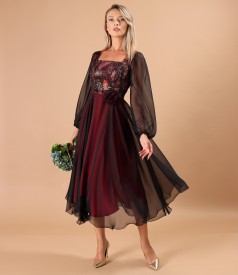 Midi evening dress with metallic brocade bodice