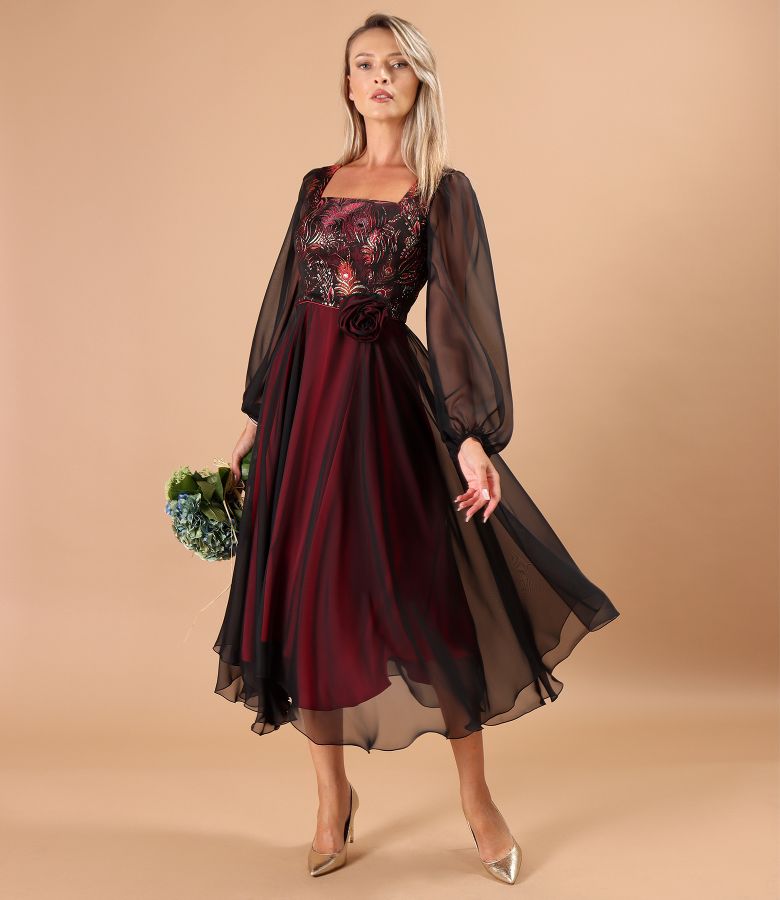Midi evening dress with metallic brocade bodice