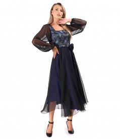 Midi evening dress with metallic brocade bodice