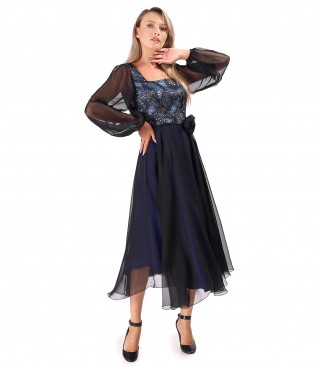 Midi evening dress with metallic brocade bodice