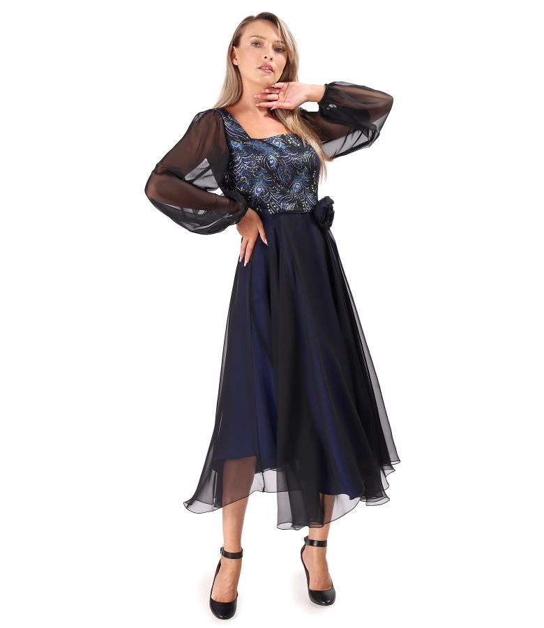 Midi evening dress with metallic brocade bodice