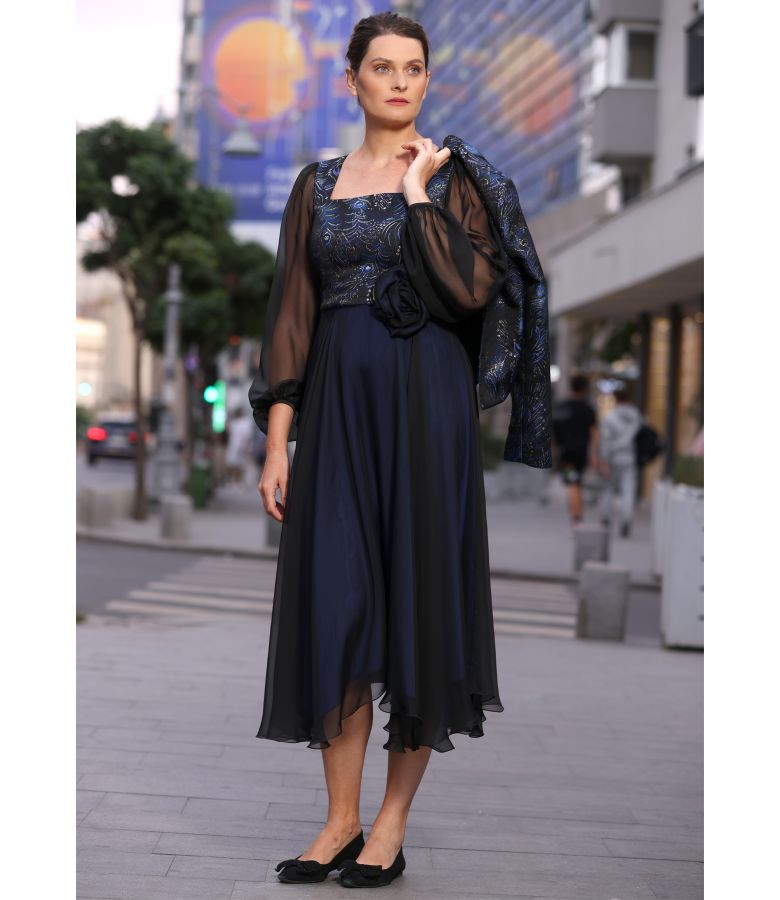 Midi evening dress with metallic brocade bodice