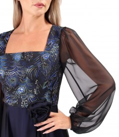 Midi evening dress with metallic brocade bodice