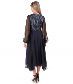Midi evening dress with metallic brocade bodice