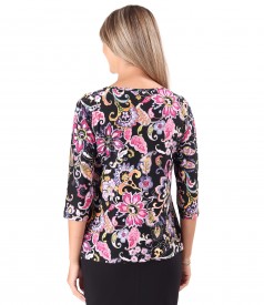 Elastic jersey blouse printed with floral motifs