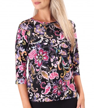 Elastic jersey blouse printed with floral motifs