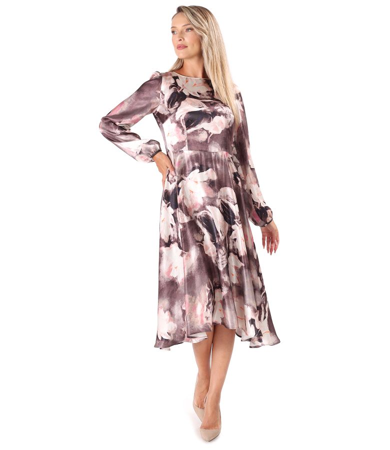 Midi dress made of satin viscose printed with floral motifs