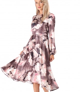Midi dress made of satin viscose printed with floral motifs