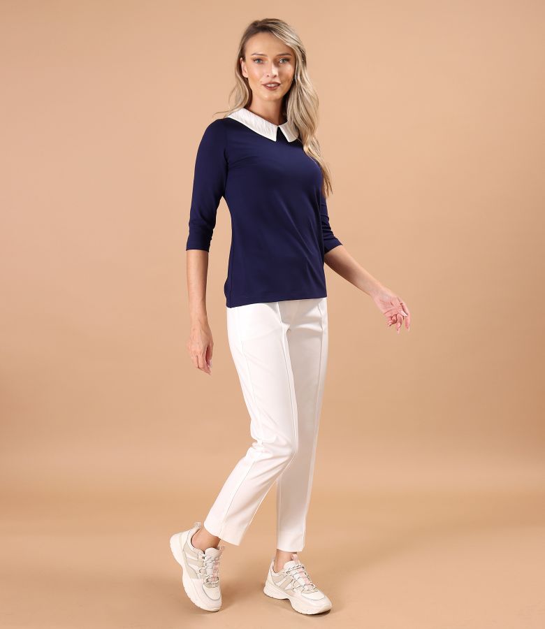 Elastic jersey blouse with pointed collar
