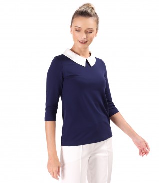 Elastic jersey blouse with pointed collar