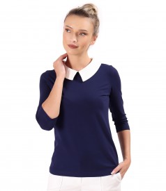 Elastic jersey blouse with pointed collar