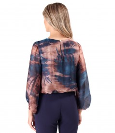 Blouse with folds at the neckline made of printed veil