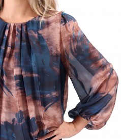 Blouse with folds at the neckline made of printed veil