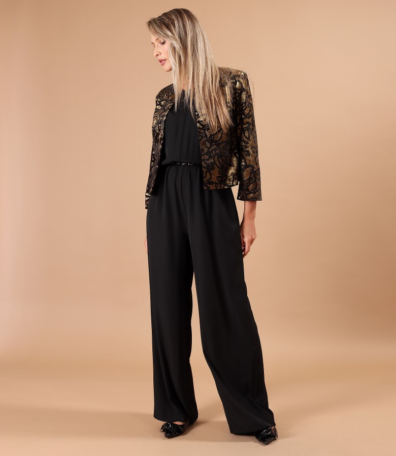 Evening set with velvet bolero in a gold motif print and full-length jumpsuit