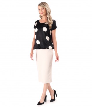 Polka dot printed blouse with pencil skirt