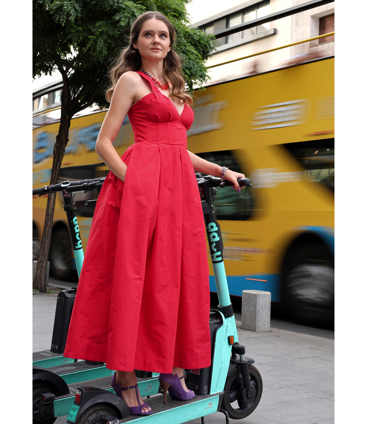 Flared taffeta dress with corset and straps