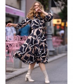 Midi dress made of viscose satin printed with gold motifs