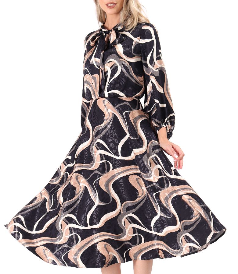 Midi dress made of viscose satin printed with gold motifs