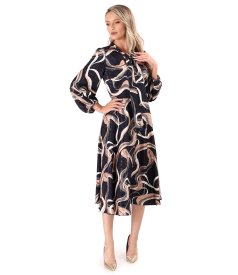 Midi dress made of viscose satin printed with gold motifs