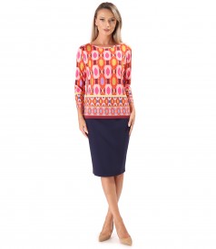 Elastic jersey blouse printed with geometric motifs