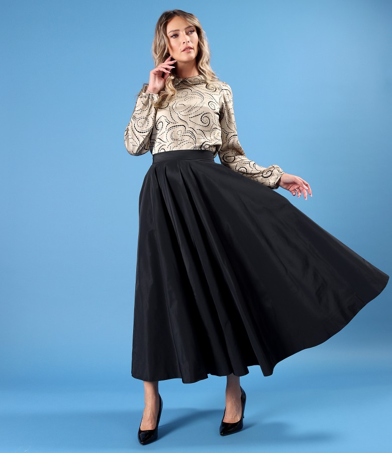 Long taffeta skirt with viscose satin blouse