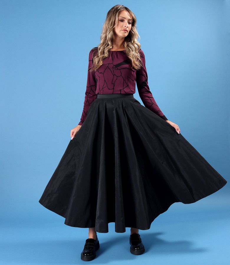 Long taffeta skirt with long-sleeved blouse