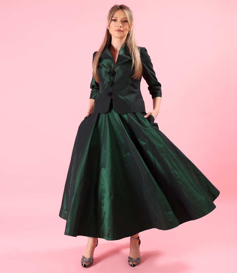 Long taffeta skirt with decorative elastic on the back